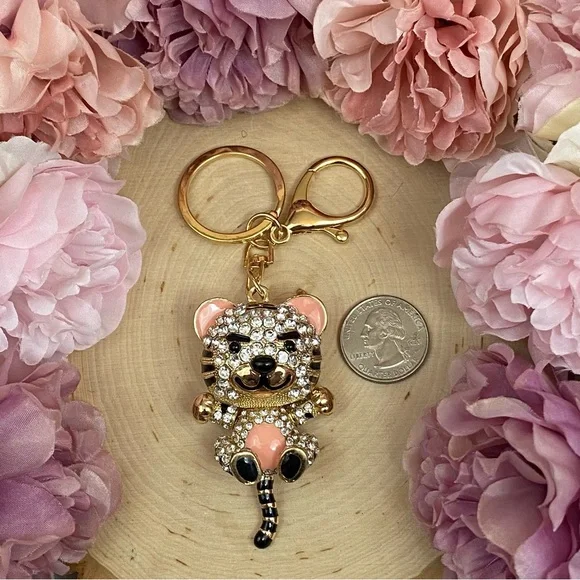 Peach and Silver Crystal Gold Tiger Keychain Charm - Picture 9 of 9